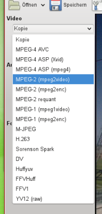 Die Auswahl für den Videocodec